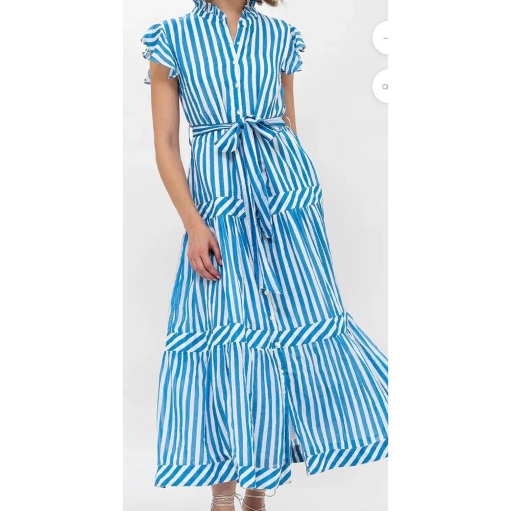 Oliphant Ruffle Collar Maxi‎ Dress Small Blue Stripe Flutter Sleeve NO BELT